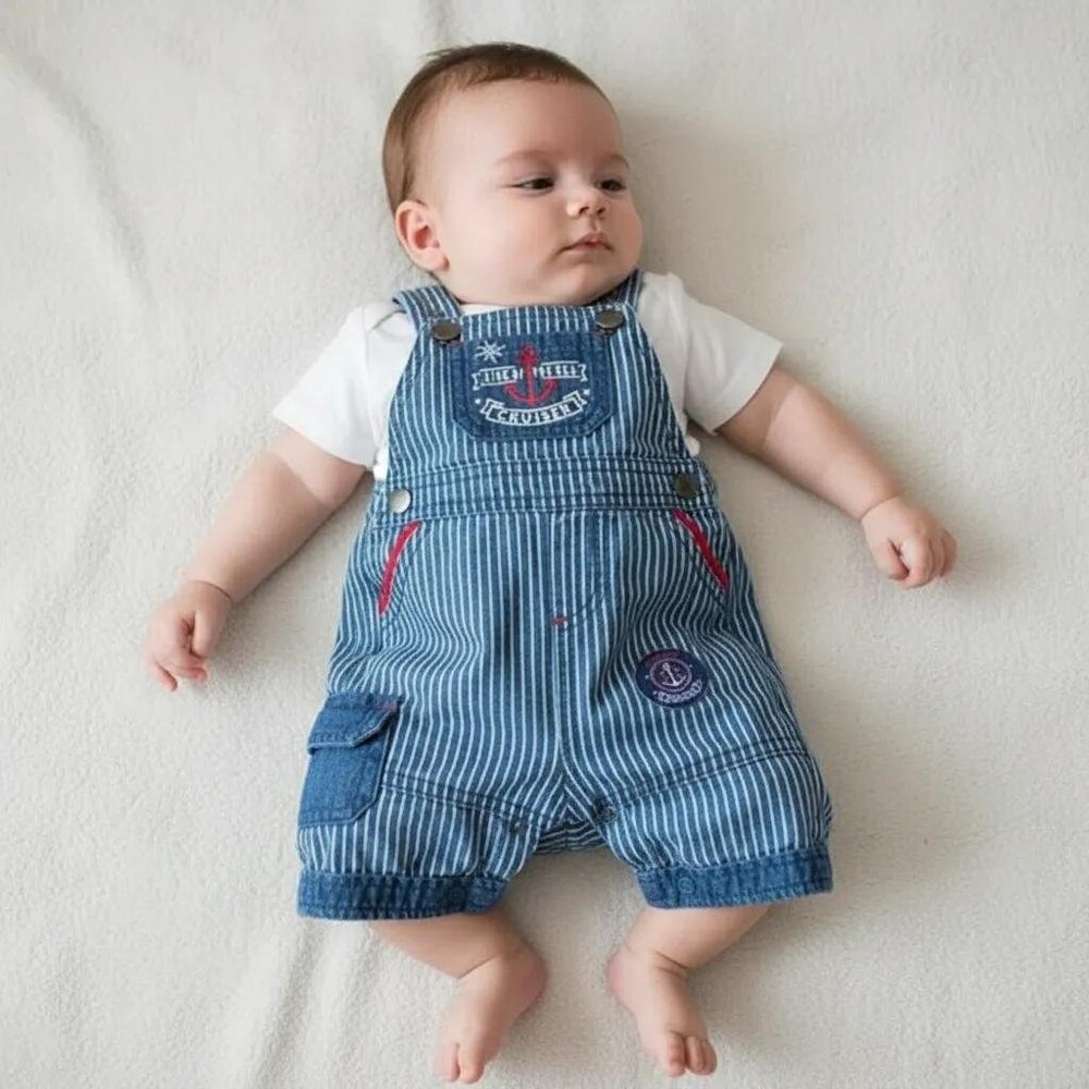 Striped Denim Sailor King of the Seas Shortalls Shorts 3 Months
